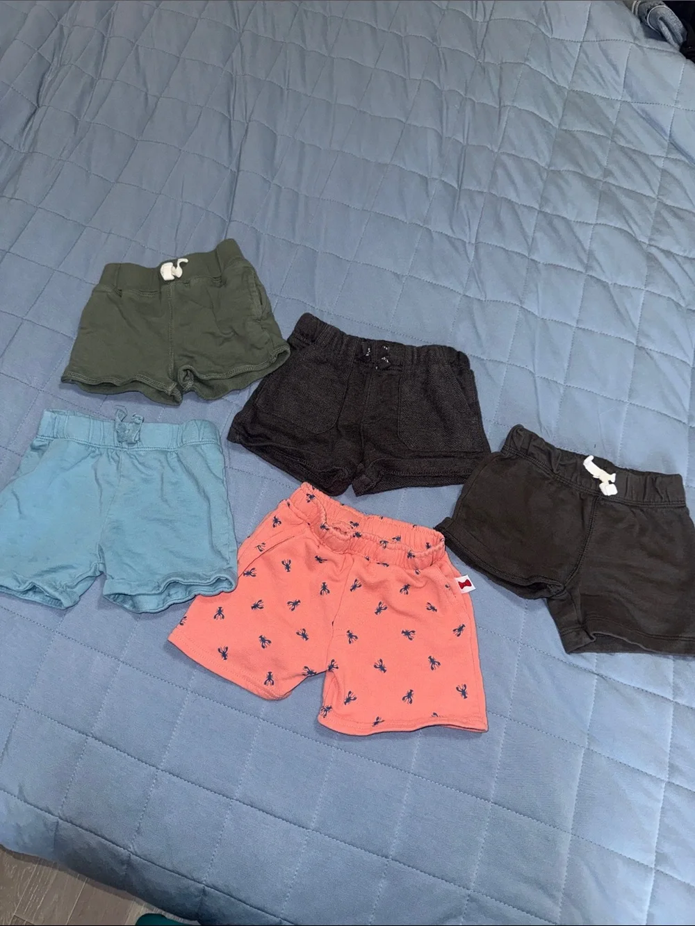 Cotton Pull-On Shorts in Olive, Black, Light Blue and Coral. Bundle! 6-12 mo